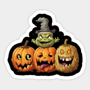 Three Halloween Pumpkins with Different Expressions and a Witch Sticker